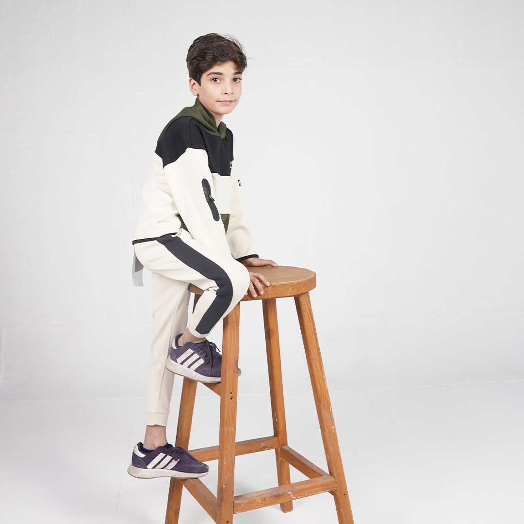 Cream/Black Kids hoodie Panelled Sports Joggers