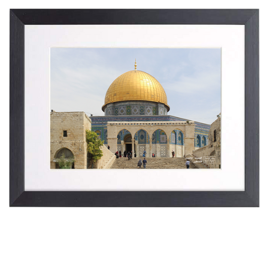 PRODUCT DETAILS  A4 Digital Print - Dome of the Rock  Material  Glass Window, Mdf Back, Polcore, Card Mount  Sleek, Contemporary Black Photo Frame, fitted with a glass window and soft white mount.  Print Size: A4 Portrait  Frame Size: 405mm x 330mm  Includes hook for Wall Mount