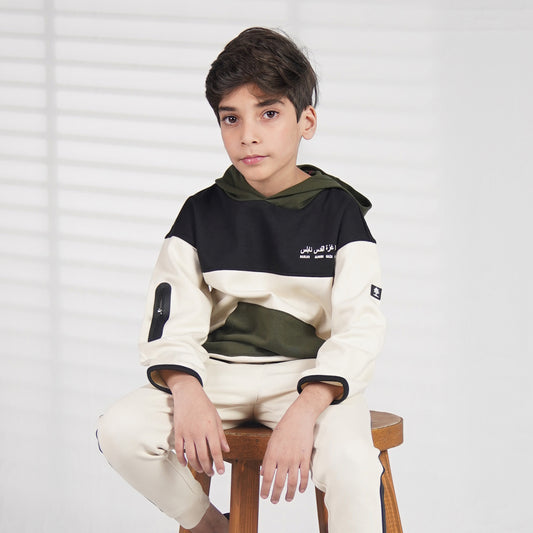 Cream/Black Kids hoodie Panelled Sports Joggers