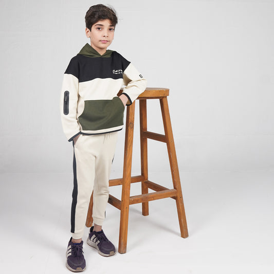 Cream/Black/Olive Contrast Hoodie and Jogger Set (3 – 11 Years)