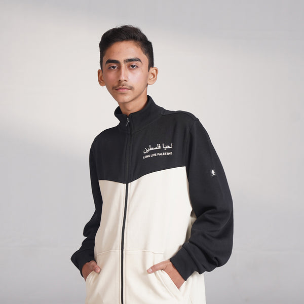 Cream/Black Funnel Zip Hoodie and Jogger Set (12–16 Years) + Cap (Unisex)