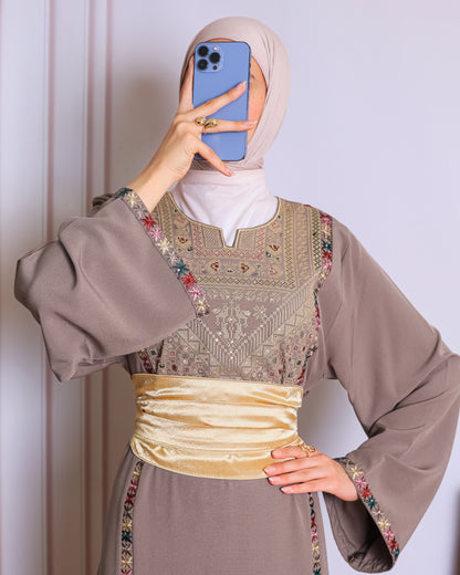 Taupe/mauve tatreez abaya