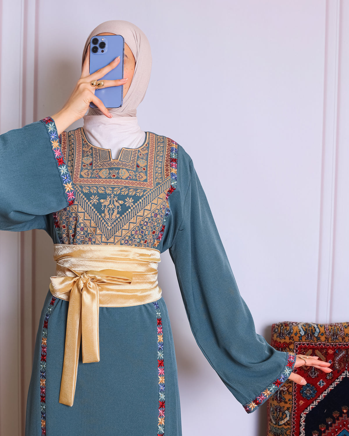Deep blue/green tatreez abaya