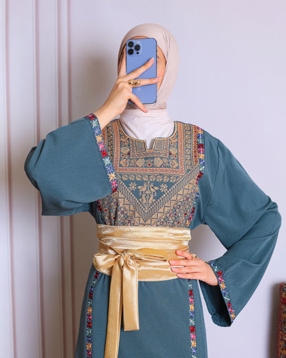 Deep blue/green tatreez abaya
