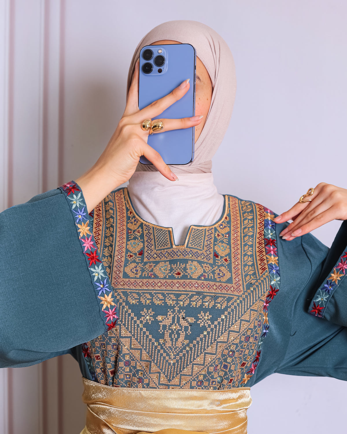 Deep blue/green tatreez abaya