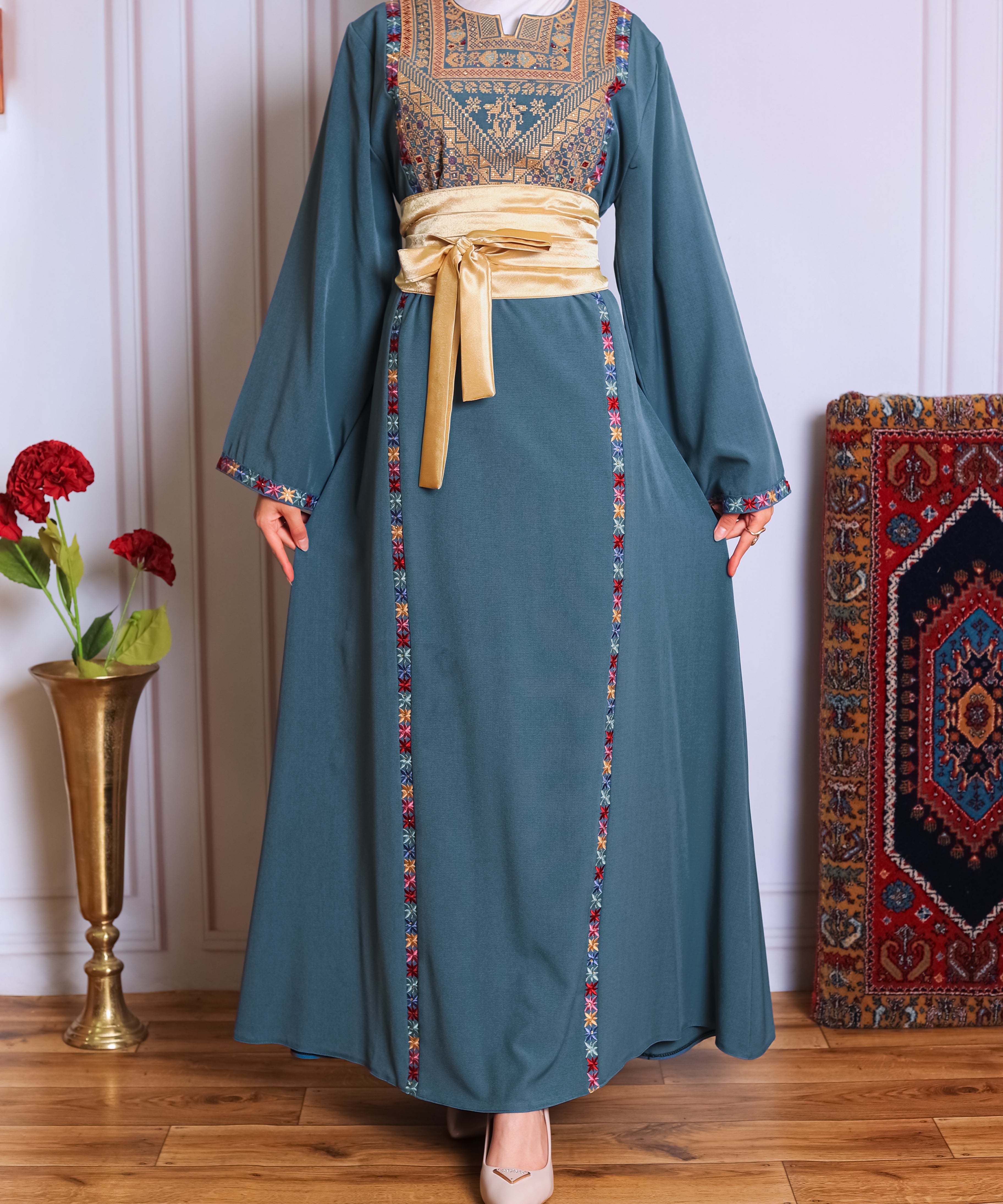 Deep blue/green tatreez abaya