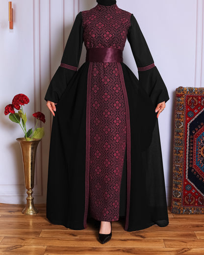 Black/Burgundy Full Tatreez Abaya