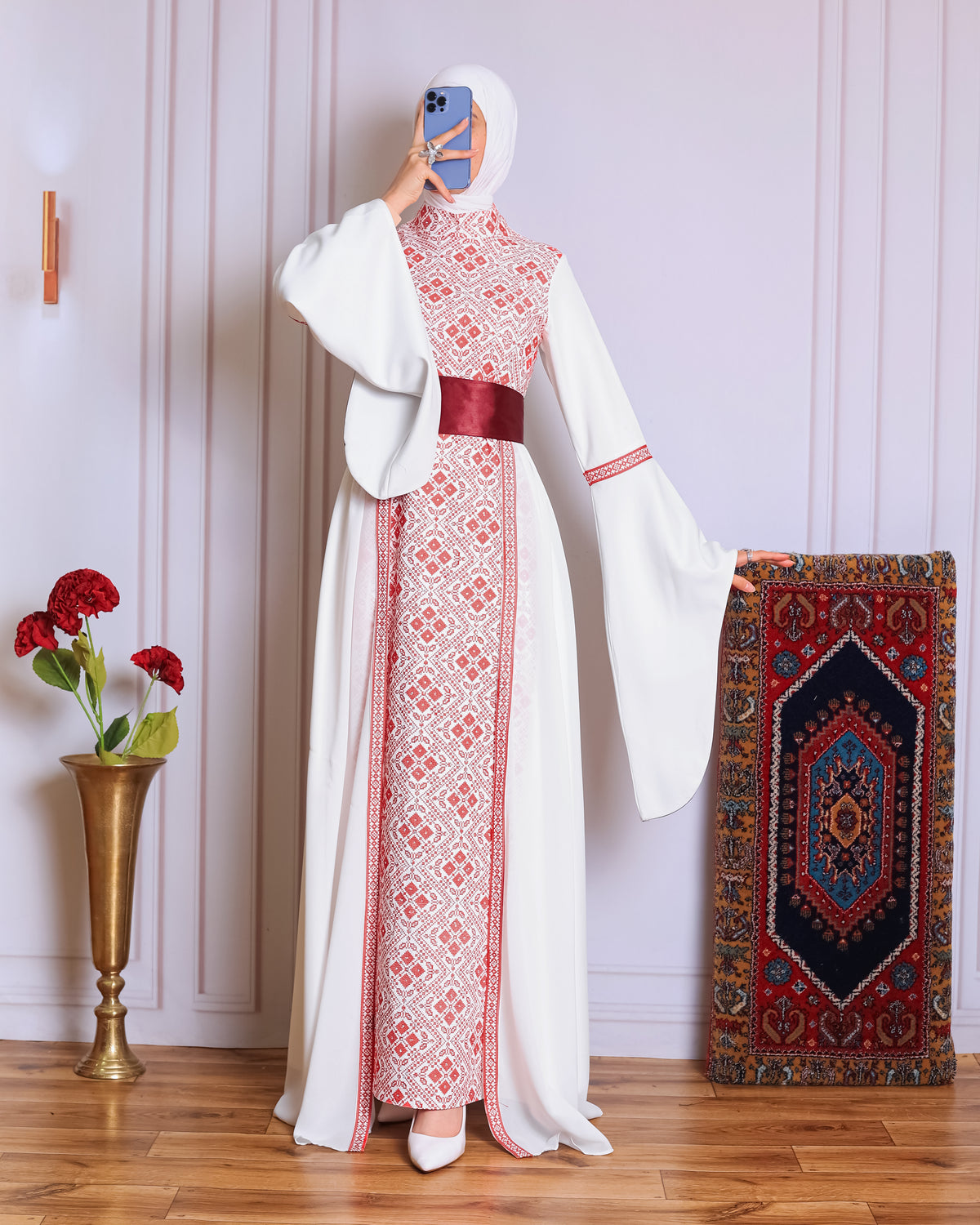 White/Red Full Tatreez Abaya