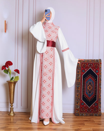 White/Red Full Tatreez Abaya