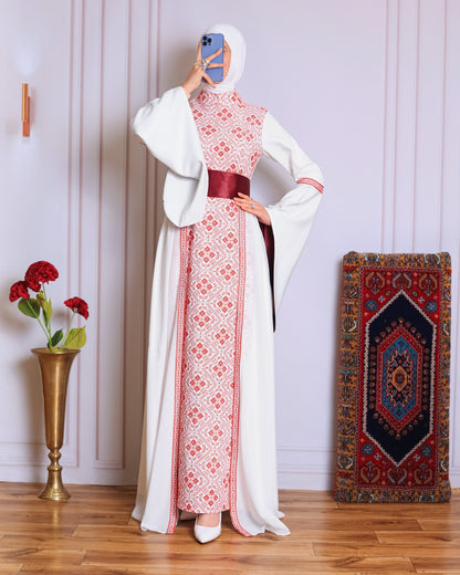 White/Red Full Tatreez Abaya