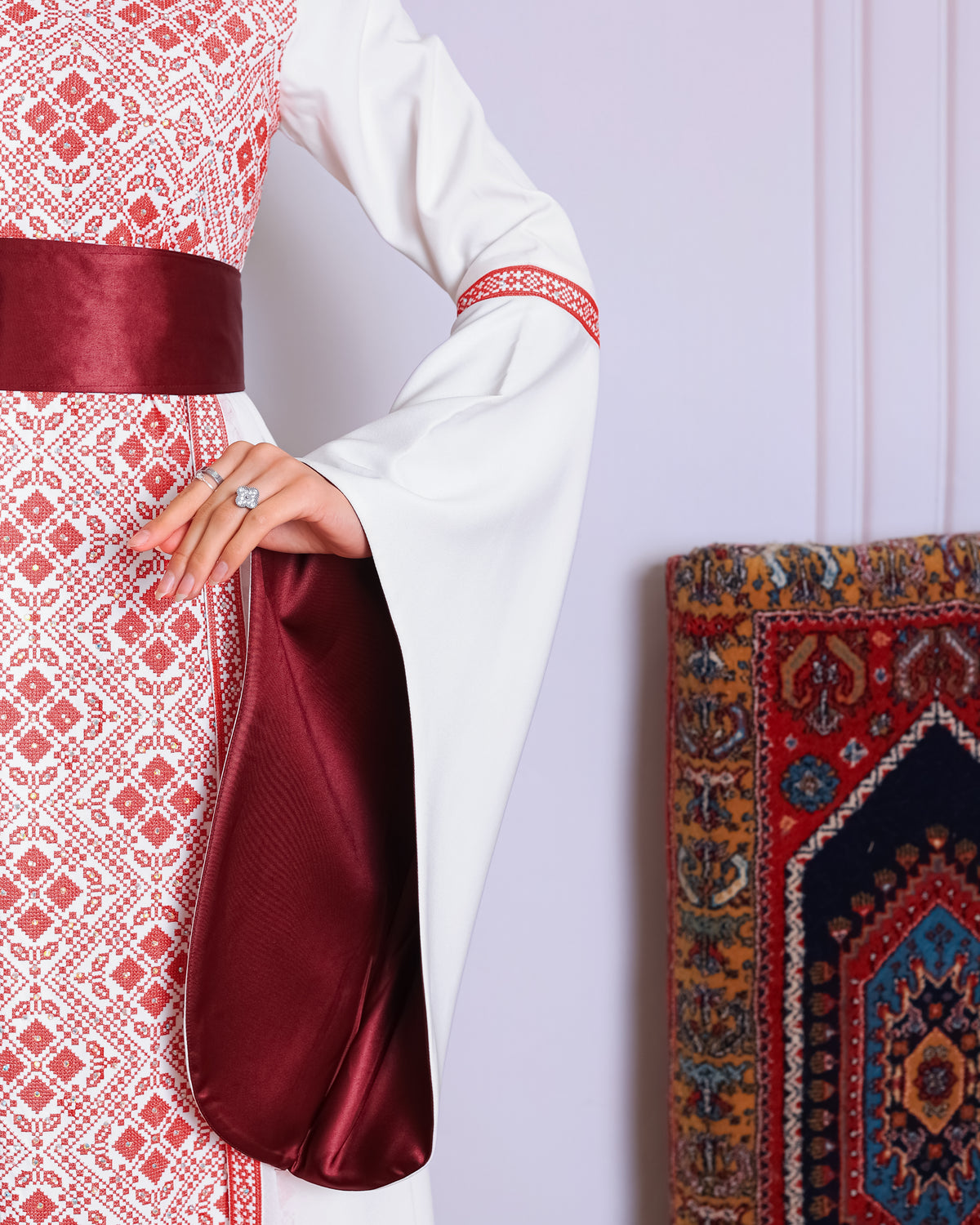 White/Red Full Tatreez Abaya