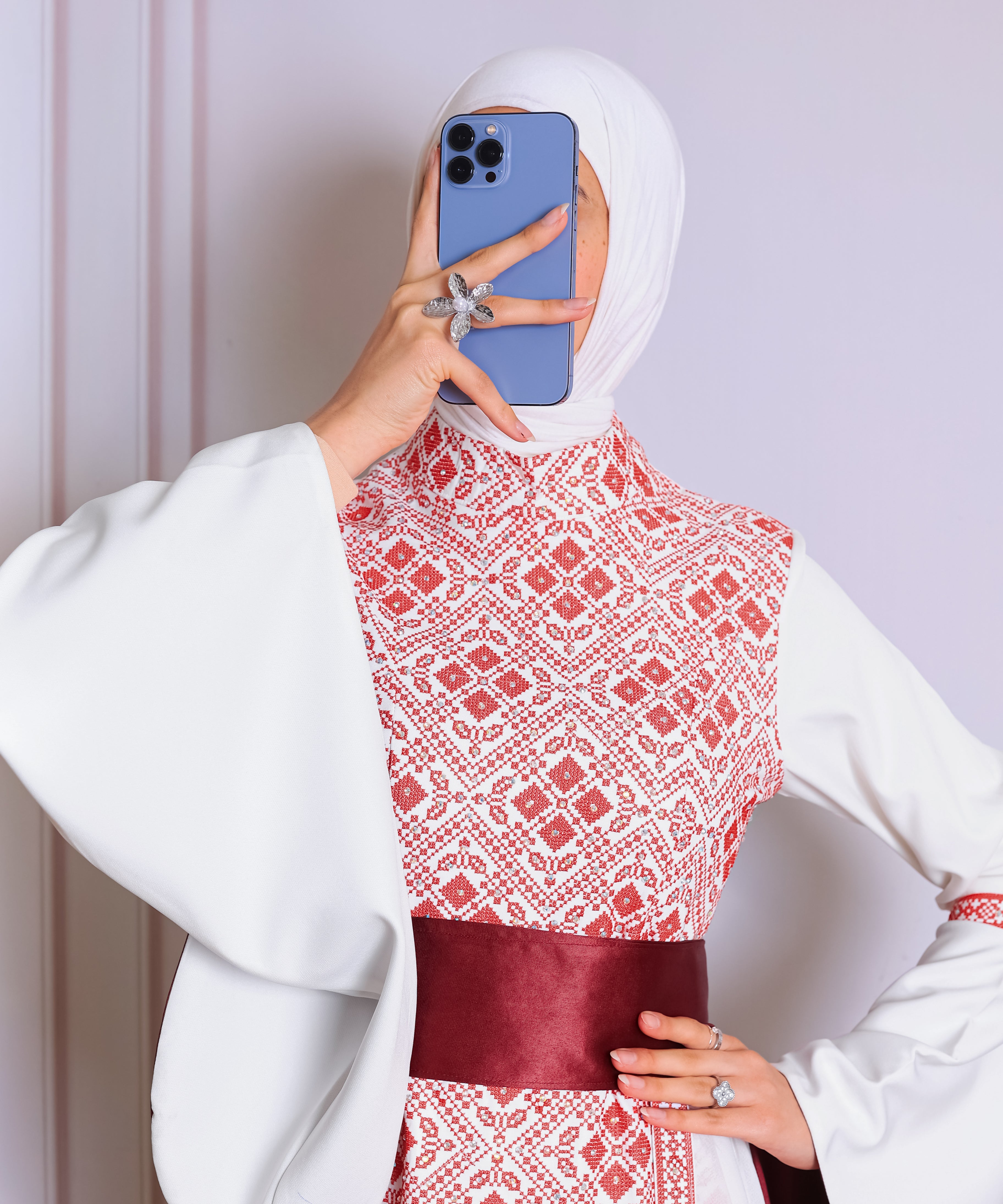 White/Red Full Tatreez Abaya