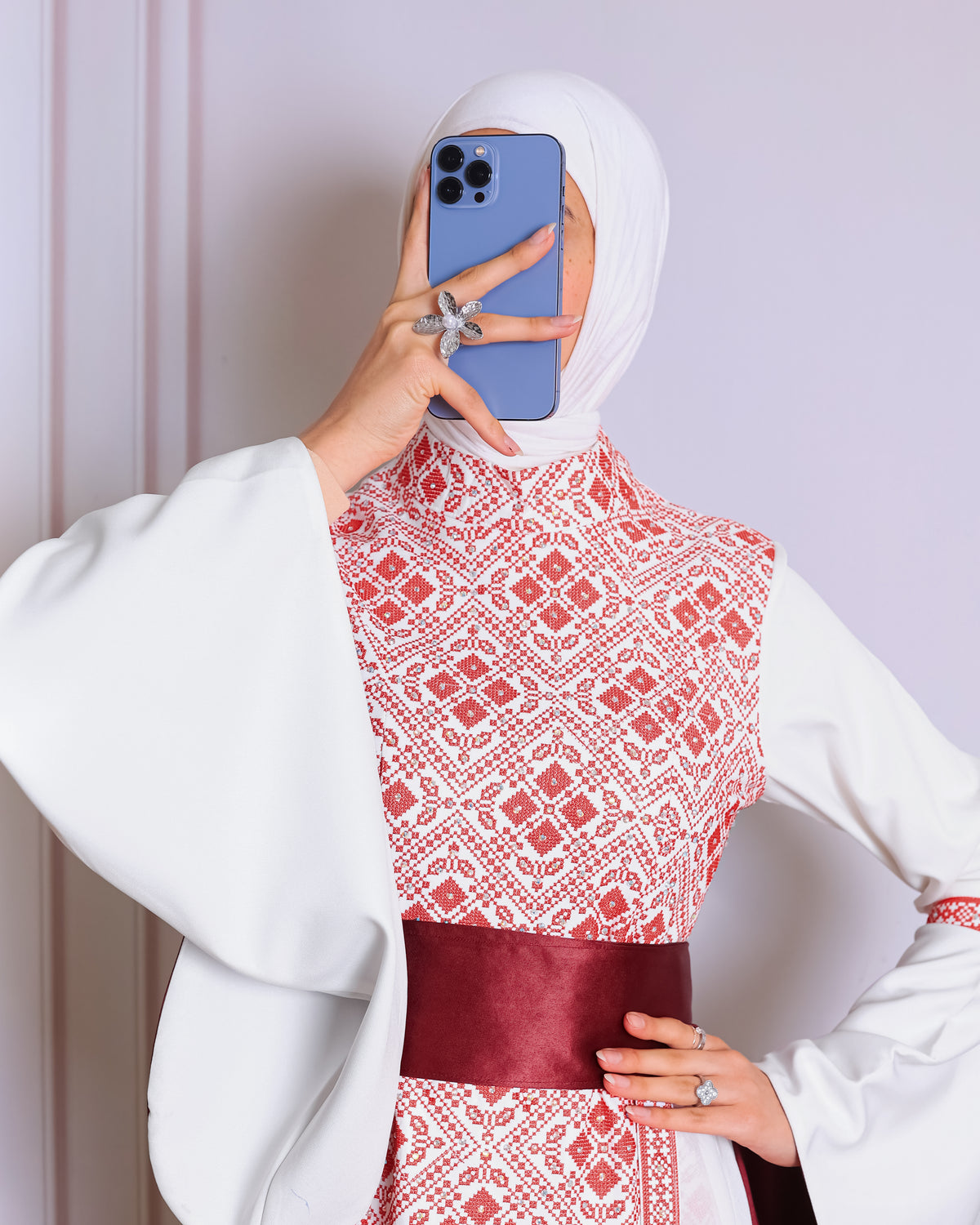 White/Red Full Tatreez Abaya