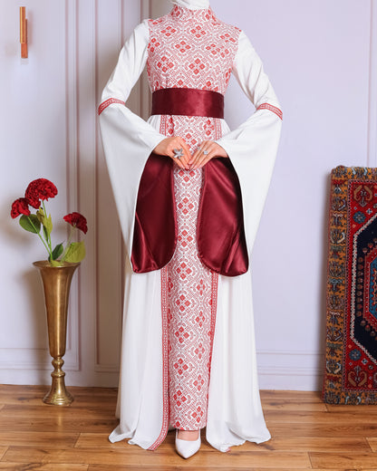 White/Red Full Tatreez Abaya