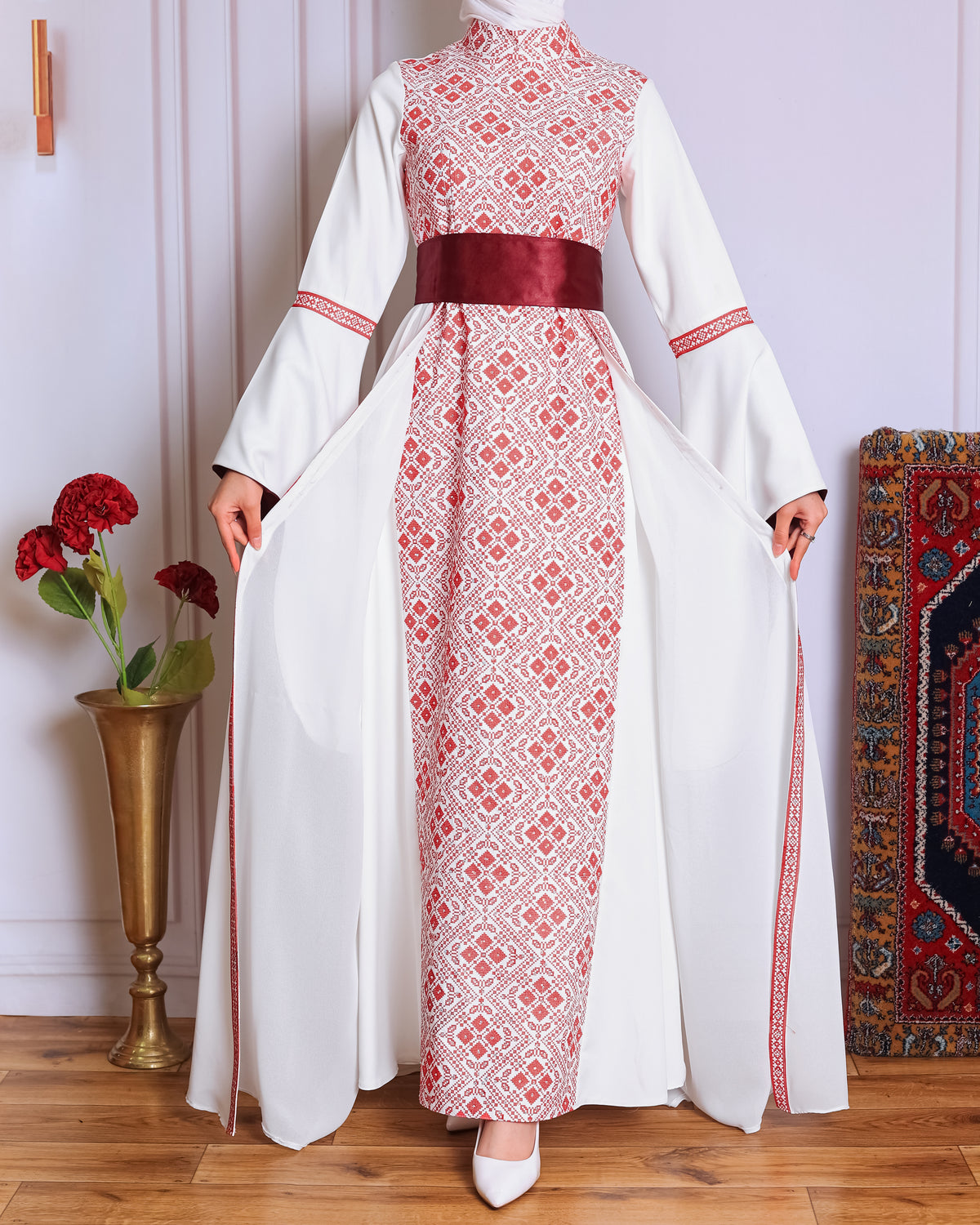 White/Red Full Tatreez Abaya
