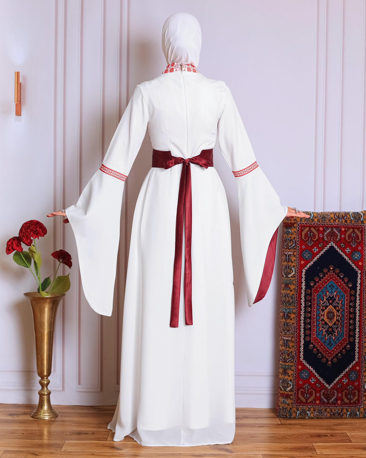 White/Red Full Tatreez Abaya