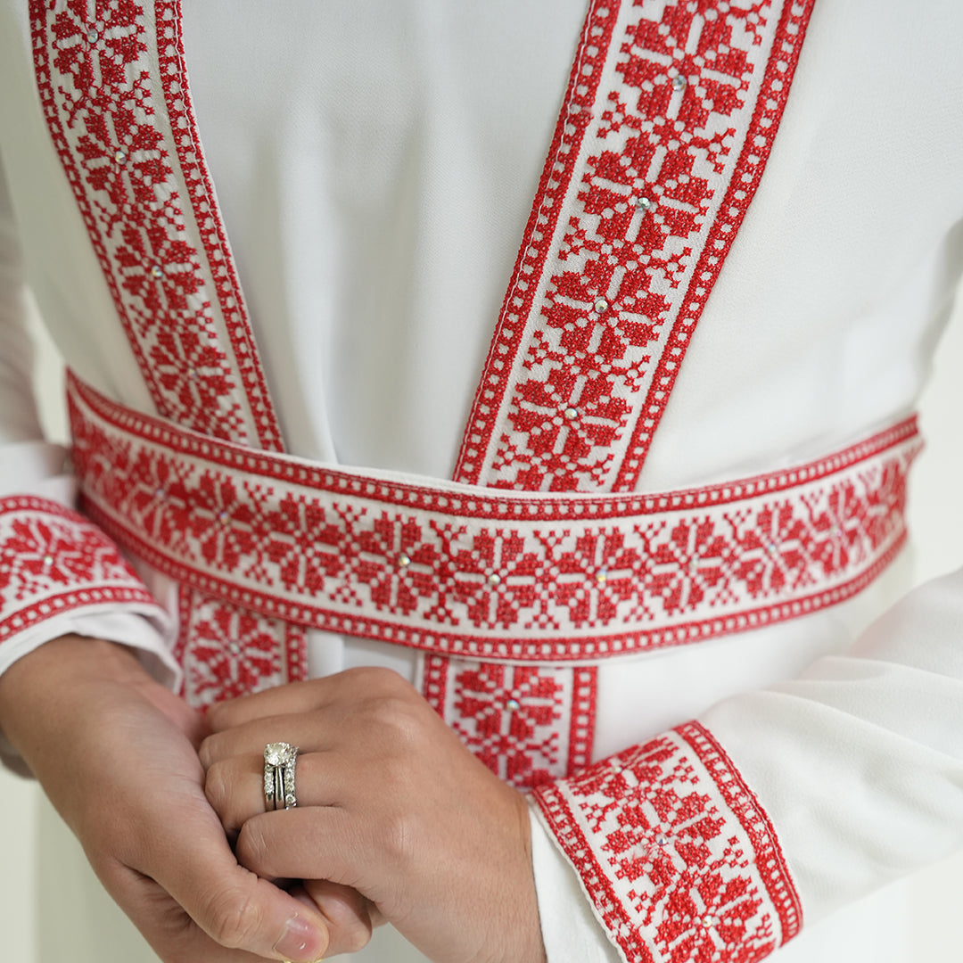 Palestinian Open Tatreez Abaya (White and Red)