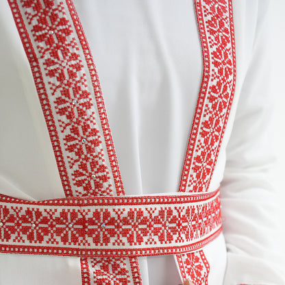 Palestinian Open Tatreez Abaya (White and Red)