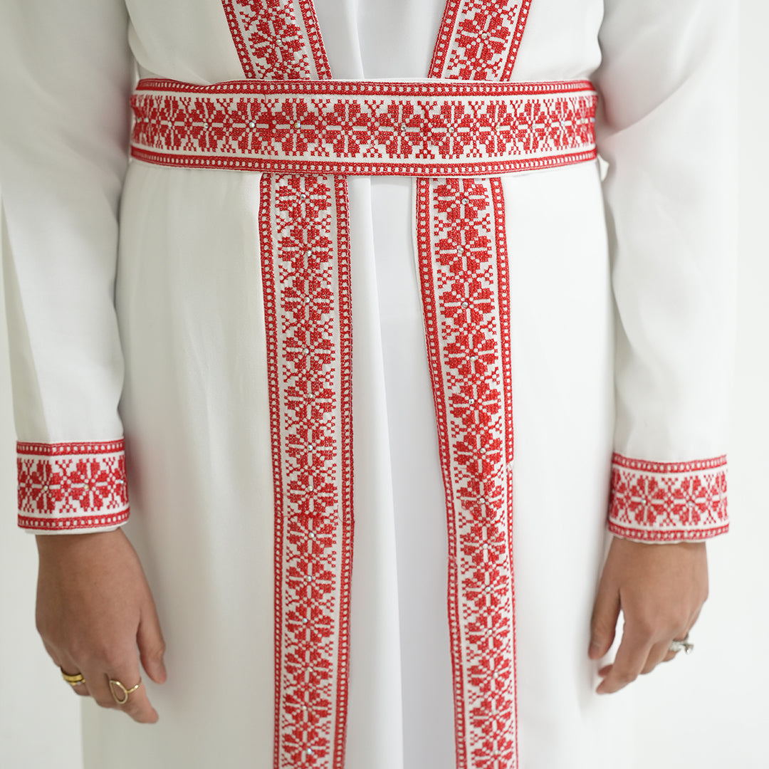 Palestinian Open Tatreez Abaya (White and Red)