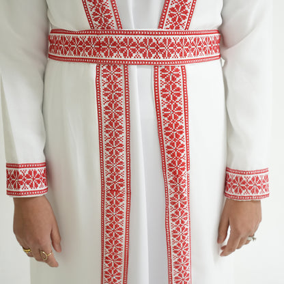 Palestinian Open Tatreez Abaya (White and Red)
