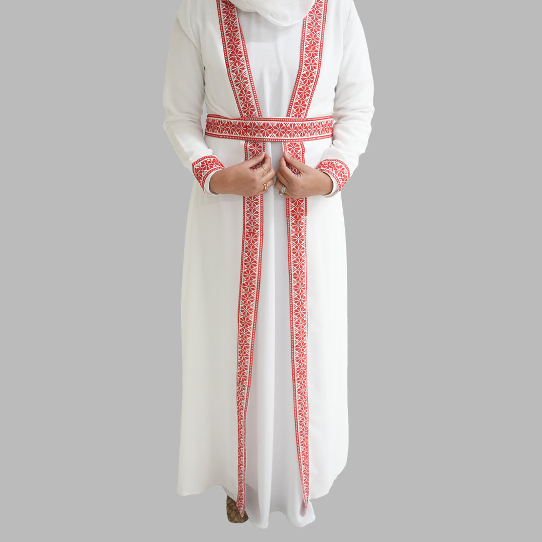 Palestinian Open Tatreez Abaya (White and Red)