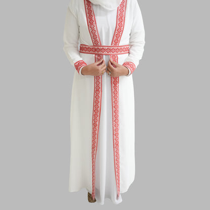 Palestinian Open Tatreez Abaya (White and Red)
