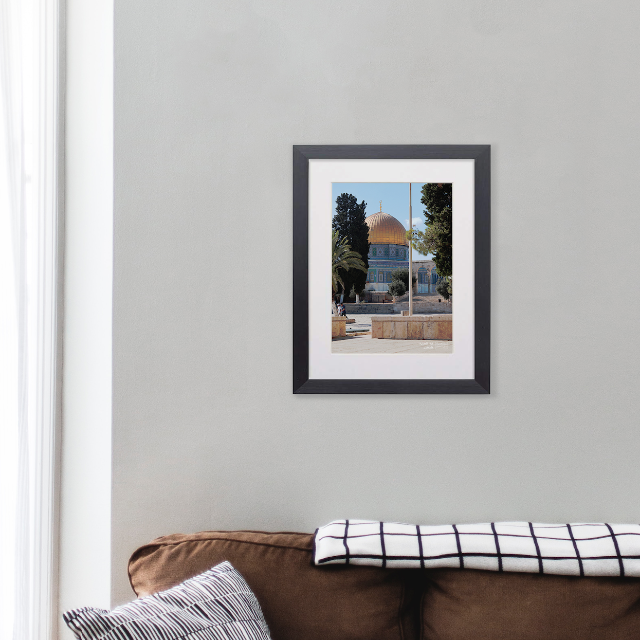 A4 Digital Print - Dome of the Rock  Material  Glass Window, Mdf Back, Polcore, Card Mount  Sleek, Contemporary Black Photo Frame, fitted with a glass window and soft white mount.  Print Size: A4 Portrait  Frame Size: 405mm x 330mm