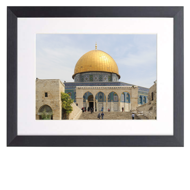 PRODUCT DETAILS  A4 Digital Print - Dome of the Rock  Material  Glass Window, Mdf Back, Polcore, Card Mount  Sleek, Contemporary Black Photo Frame, fitted with a glass window and soft white mount.  Print Size: A4 Portrait  Frame Size: 405mm x 330mm  Includes hook for Wall Mount