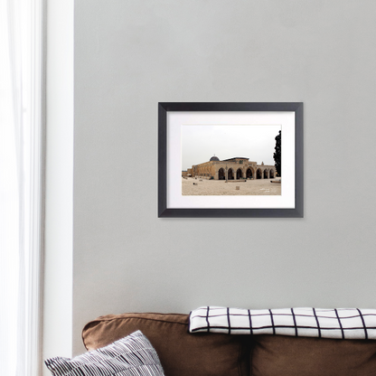 A4 Digital Print - Masjid Al Aqsa  Material Glass Window, Mdf Back, Polcore, Card Mount  Sleek, Contemporary Black Photo Frame, fitted with a glass window and soft white mount.  Print Size: A4 Portrait  Frame Size: 405mm x 330mm